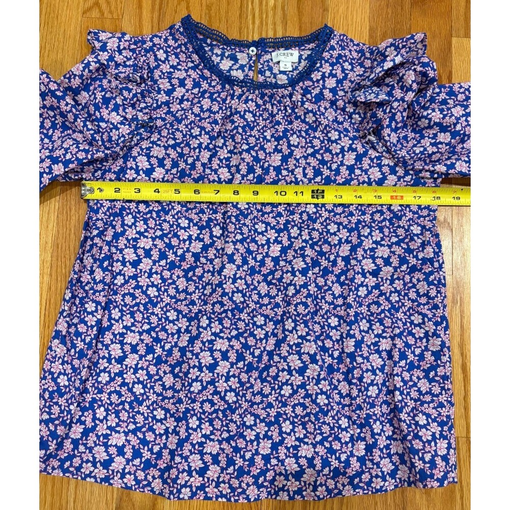 J CREW SHIRT Womens Small Blue Pink Floral Print Ruffle Lace Cotton Long Sleeve - Picture 3 of 8